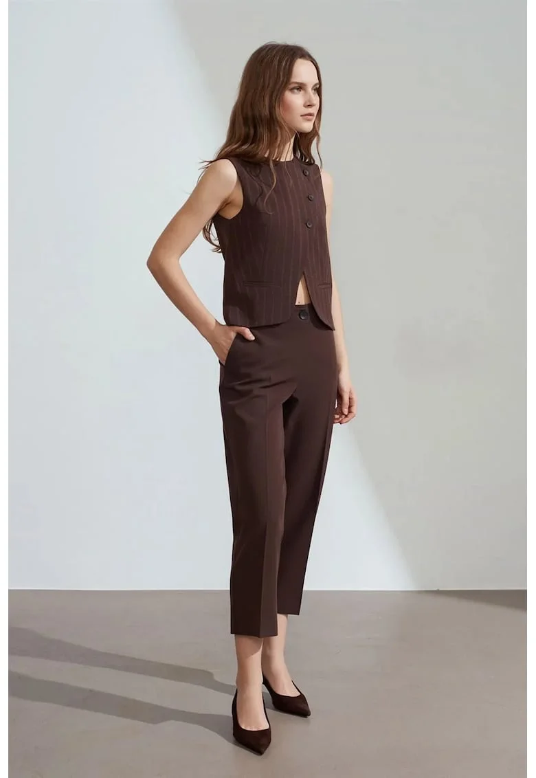 Pantaloni dama,  Capri, talie inalta, maro mocha inchis, casual