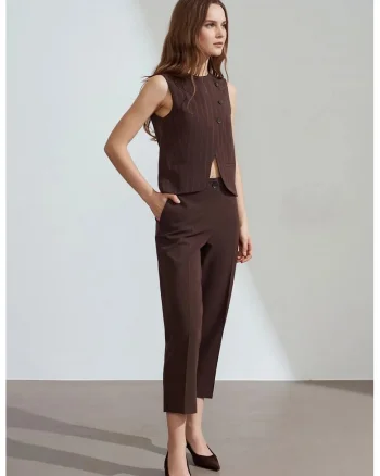 Pantaloni dama,  Capri, talie inalta, maro mocha inchis, casual