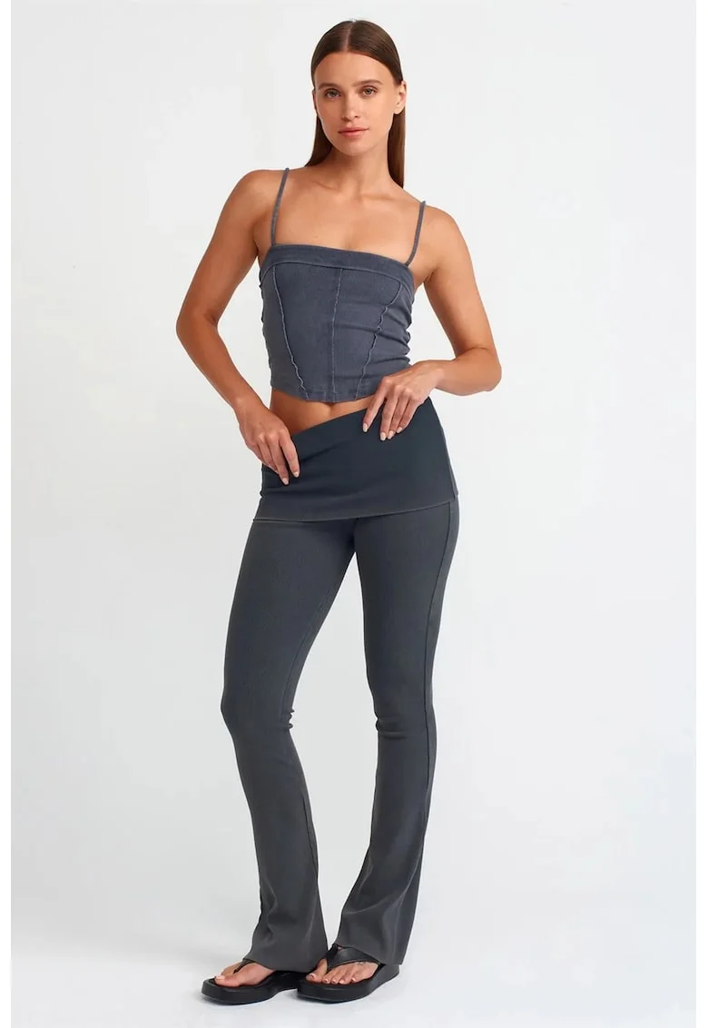 Pantaloni dama,  evazati, talie inalta, gri antracit, jerseu