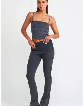 Pantaloni dama,  evazati, talie inalta, gri antracit, jerseu