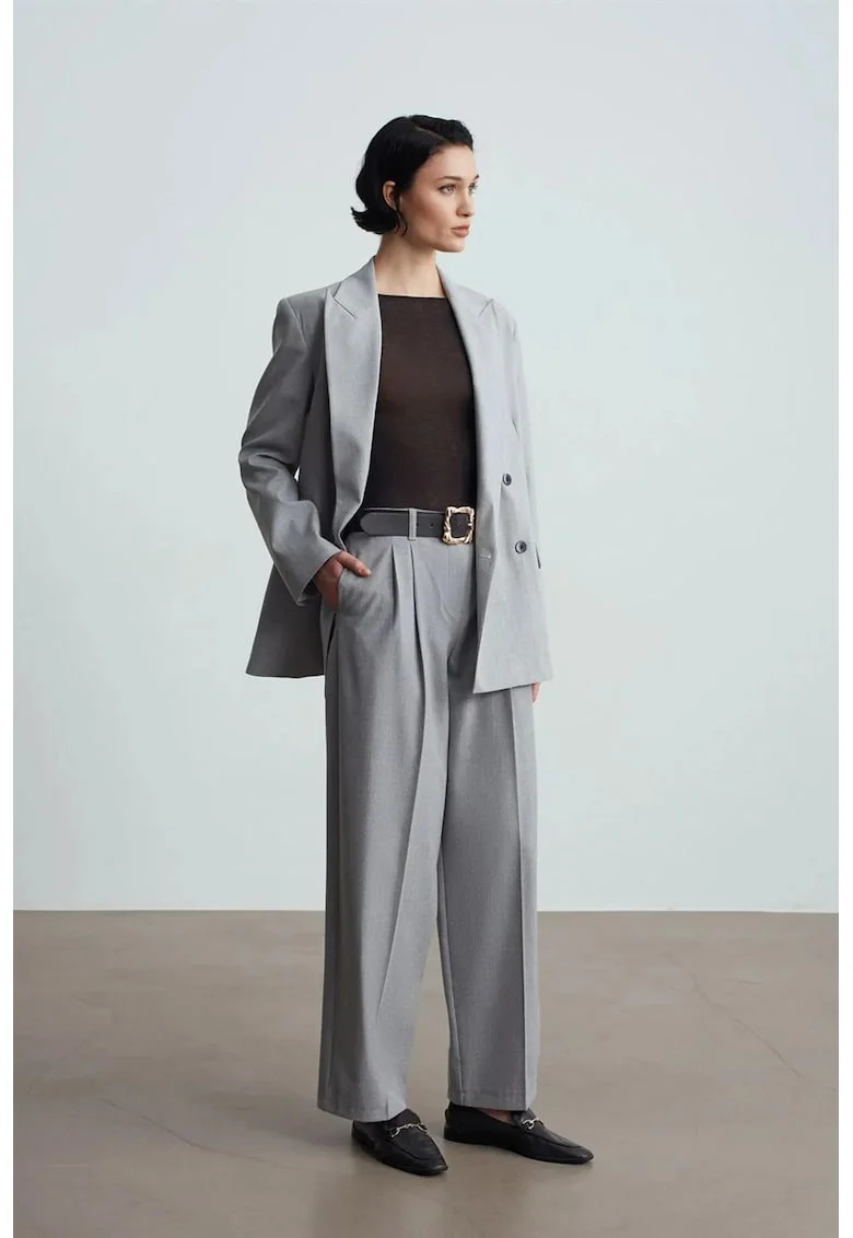 Pantaloni dama,  Palazzo, talie inalta, gri deschis, poliester-viscoza-elastan