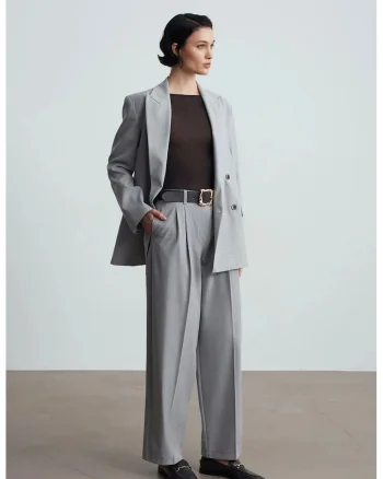 Pantaloni dama,  Palazzo, talie inalta, gri deschis, poliester-viscoza-elastan