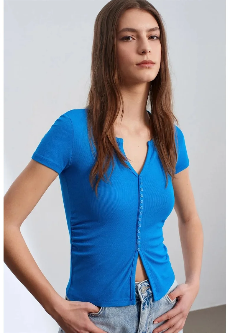 Bluza dama,  slim fit, decolteu in V, albastru cobalt, tricot din modal, casmir si elastan