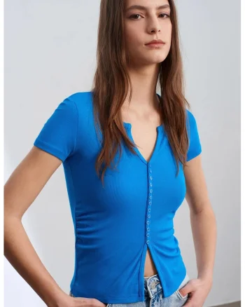 Bluza dama,  slim fit, decolteu in V, albastru cobalt, tricot din modal, casmir si elastan