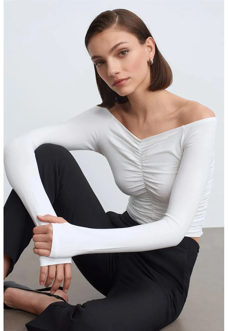 Bluza dama,  Crop Top Off-Shoulder, eleganta, alb, drapaj