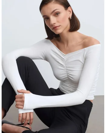 Bluza dama,  Crop Top Off-Shoulder, eleganta, alb, drapaj