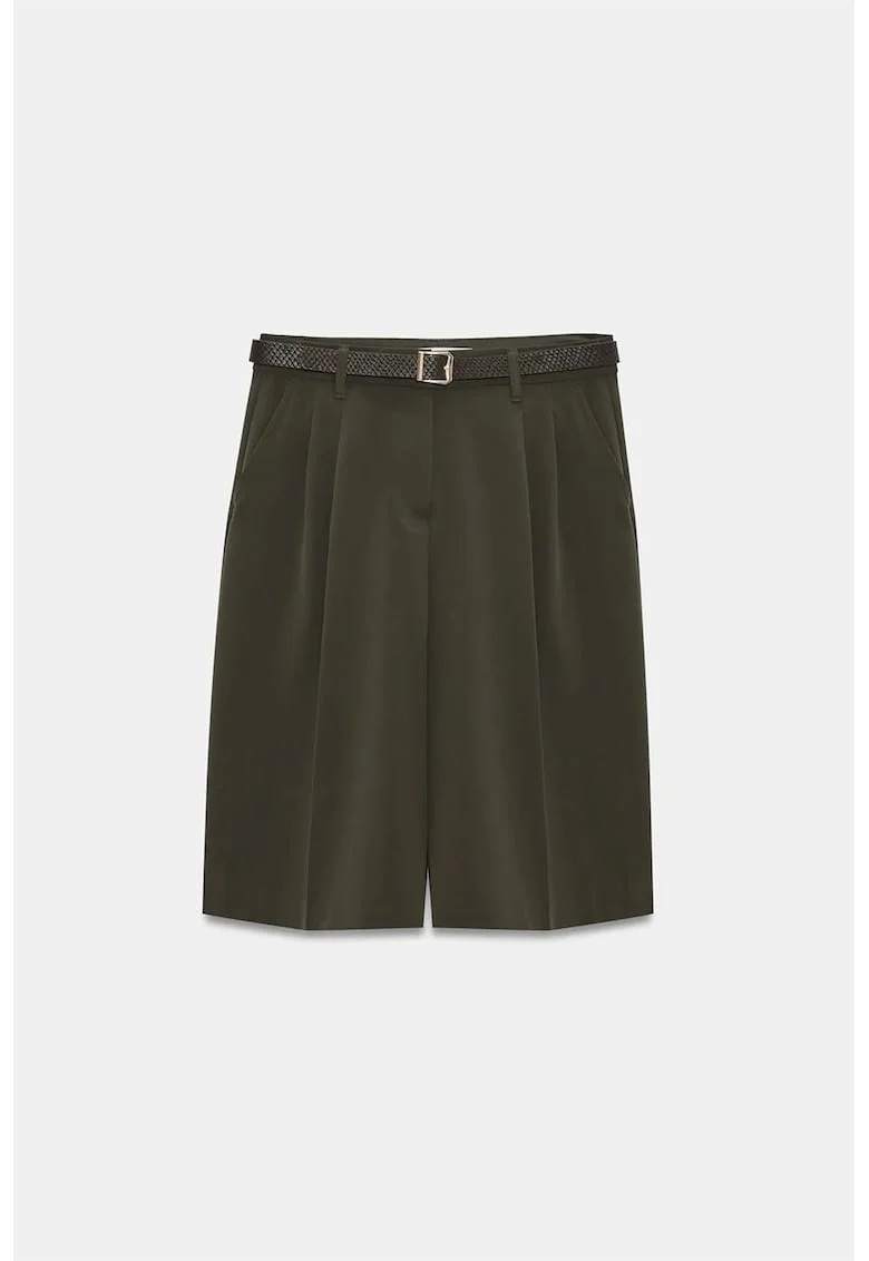 Pantaloni scurti,  talie inalta, cu curea, verde masliniu, poliester