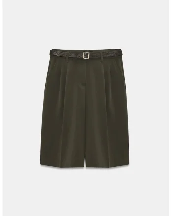 Pantaloni scurti,  talie inalta, cu curea, verde masliniu, poliester