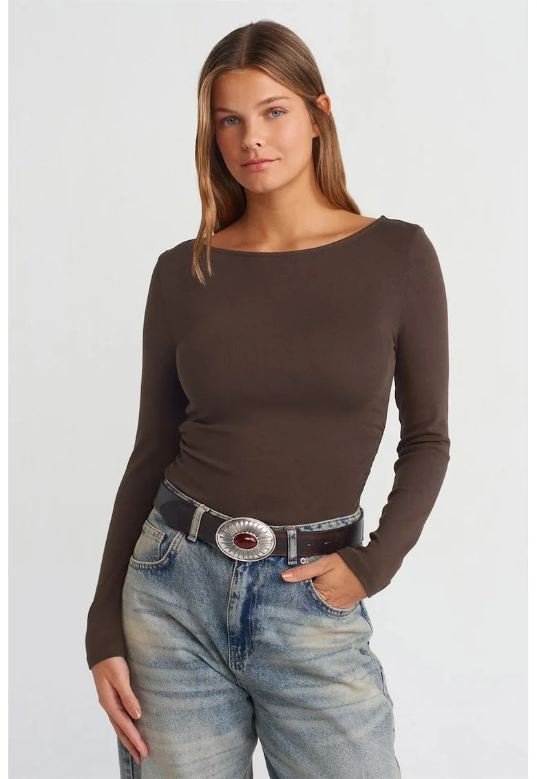 Bluza dama,  Slim Fit, maneca lunga, maro cafea, bumbac