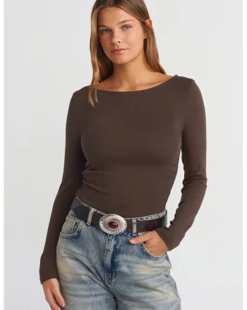 Bluza dama,  Slim Fit, maneca lunga, maro cafea, bumbac