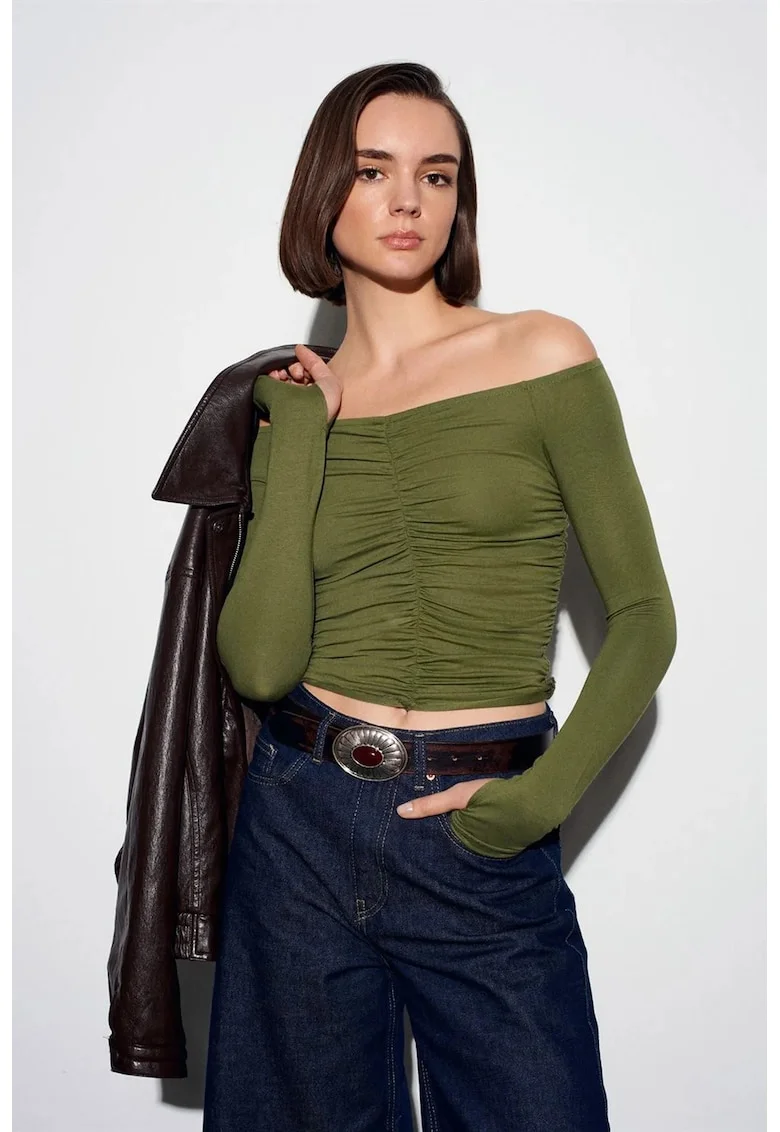 Bluza Crop Top  Elegant, Maneci lungi, Verde Kaki, Tricot subtire