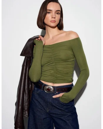 Bluza Crop Top  Elegant, Maneci lungi, Verde Kaki, Tricot subtire
