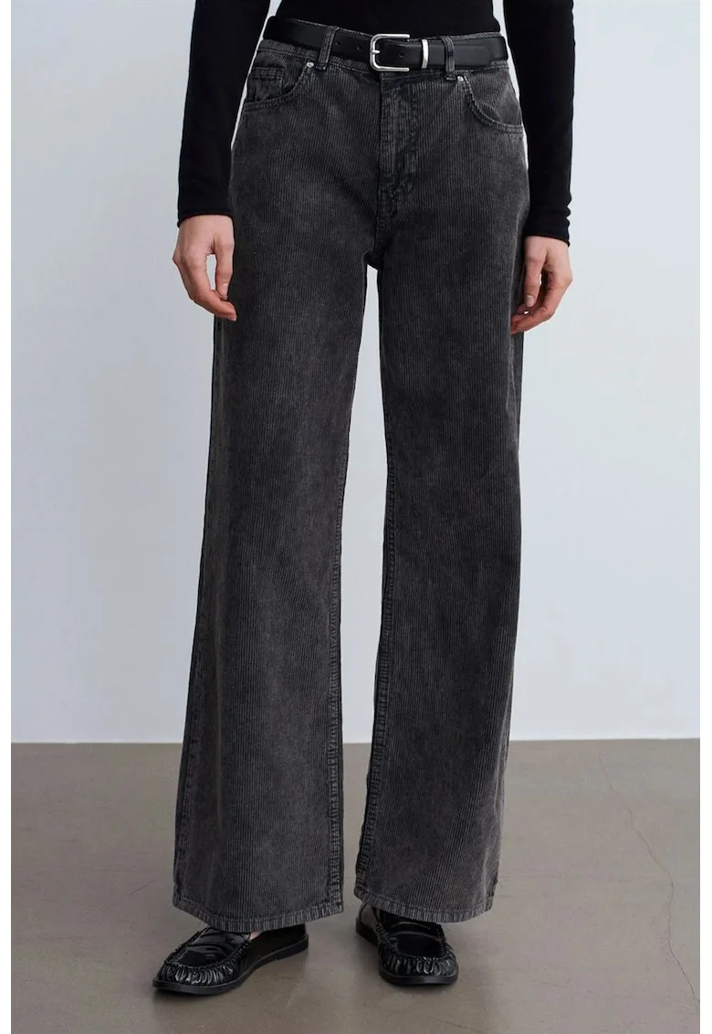Pantaloni dama,  talie inalta, croiala larga, gri antracit, bumbac