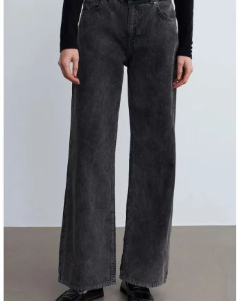 Pantaloni dama,  talie inalta, croiala larga, gri antracit, bumbac