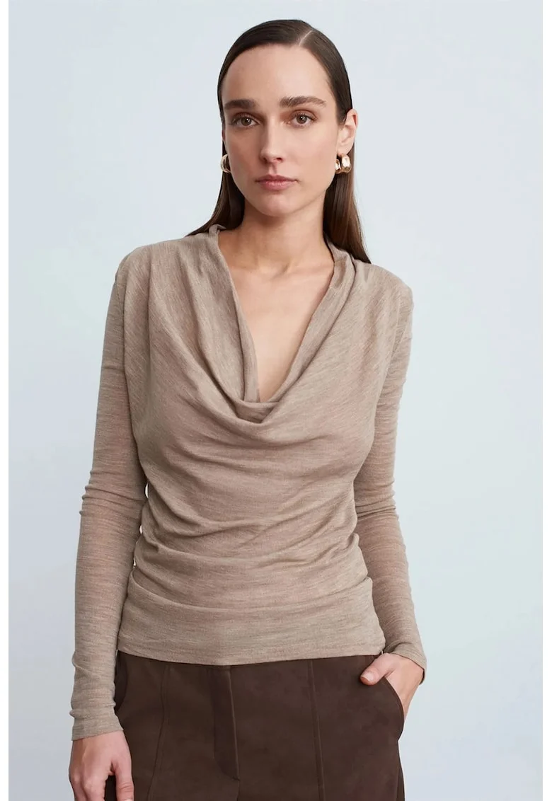Bluza dama,  Bluza Slim-fit din Lana cu Guler Drapat, Bej Natural, Casual, Maneca lunga
