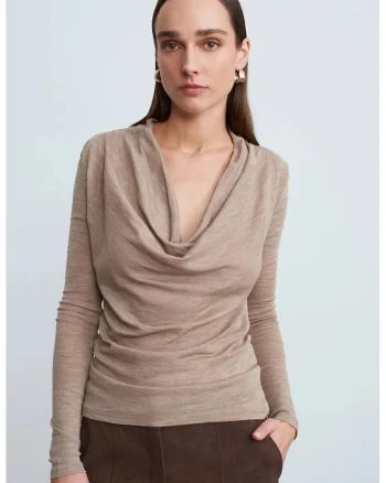 Bluza dama,  Bluza Slim-fit din Lana cu Guler Drapat, Bej Natural, Casual, Maneca lunga