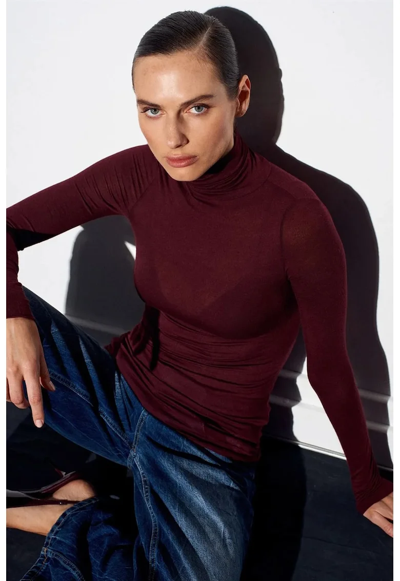 Bluza dama,  din jerseu Slim Fit, elastic, rosu burgundy, maneca lunga