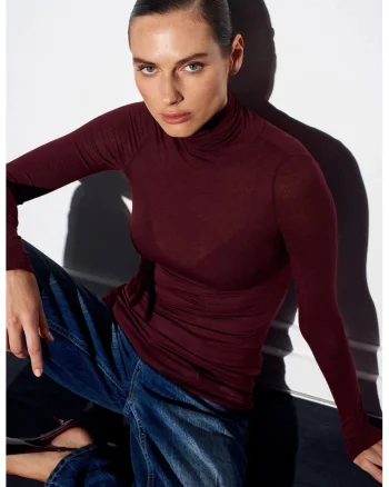 Bluza dama,  din jerseu Slim Fit, elastic, rosu burgundy, maneca lunga