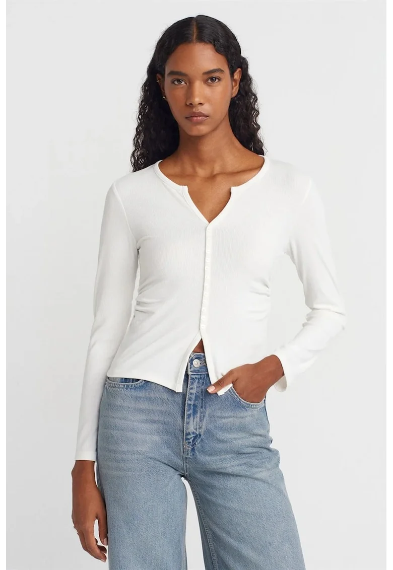 Bluze dama,  Bluza Slim Fit cu Nasturi, Alb, Poliester-Viscoza-Elastan