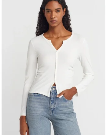 Bluze dama,  Bluza Slim Fit cu Nasturi, Alb, Poliester-Viscoza-Elastan