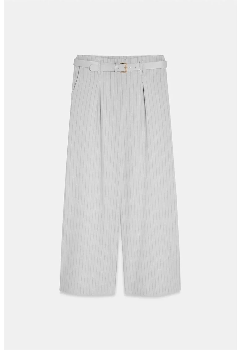 Pantaloni dama,  plisati, gri deschis, casual, poliester-viscoza-elastan