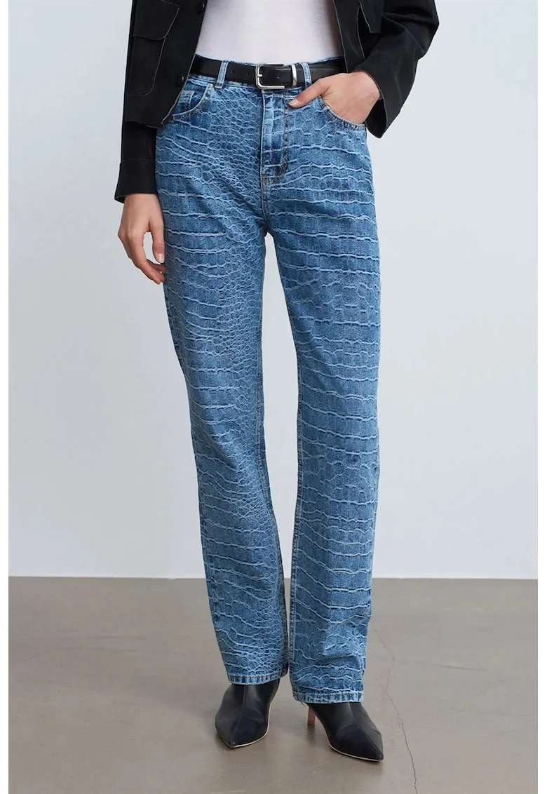 Blugi dama,  talie inalta, croiala dreapta, textura, Denim albastru mediu