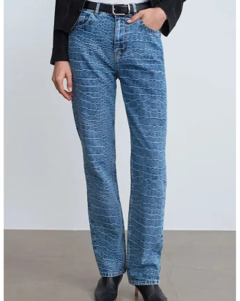 Blugi dama,  talie inalta, croiala dreapta, textura, Denim albastru mediu