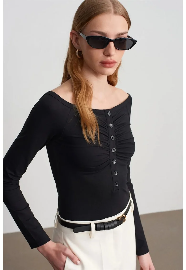 bluza cu barcuta, slim-fit, negru, bumbac-modal-elastan, Negru