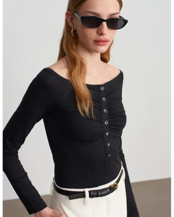 bluza cu barcuta, slim-fit, negru, bumbac-modal-elastan, Negru