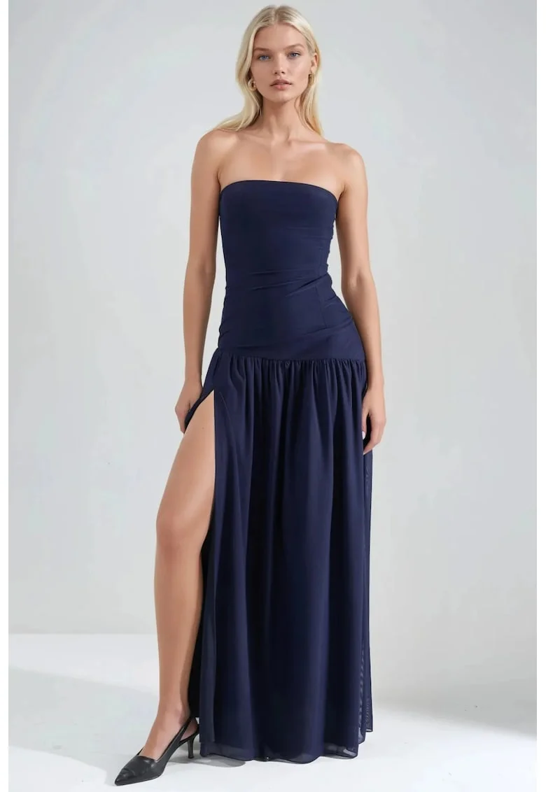 Rochie maxi,  fara bretele, albastru marin, eleganta, material subtire