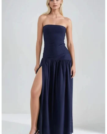 Rochie maxi,  fara bretele, albastru marin, eleganta, material subtire