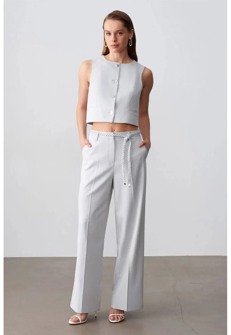 Pantaloni dama,  talie inalta, croiala larga, gri deschis, material texturat