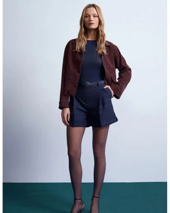 Pantaloni scurti,  talie inalta, croiala regulata, Albastru Marin, crep