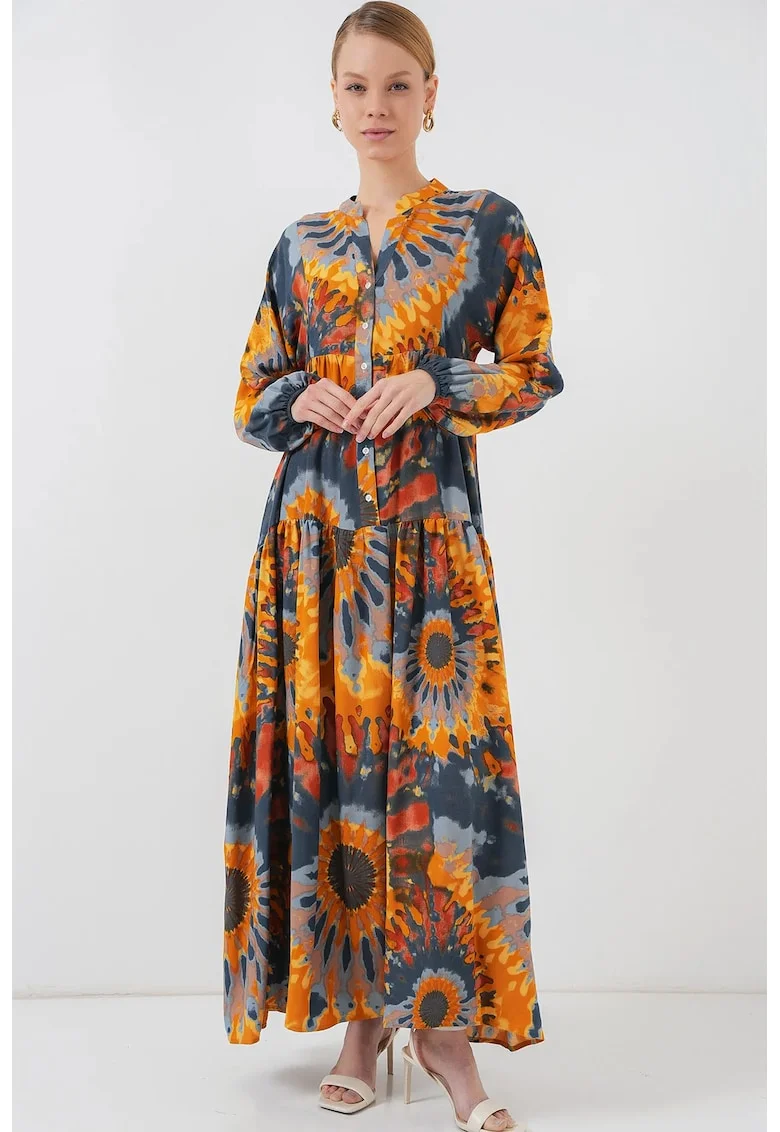 Rochie maxi  cu imprimeu, decolteu in V, maneca lunga, multicolor, viscoza