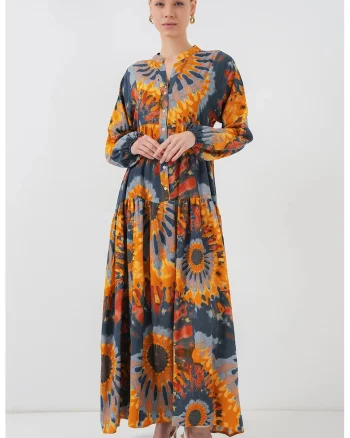 Rochie maxi  cu imprimeu, decolteu in V, maneca lunga, multicolor, viscoza
