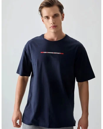 Tricou barbati,  oversized, imprimat pe spate, bleumarin, 100% bumbac