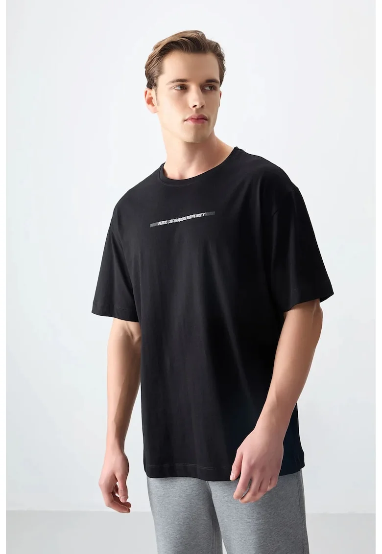Tricou  oversized, imprimat pe spate, negru, bumbac