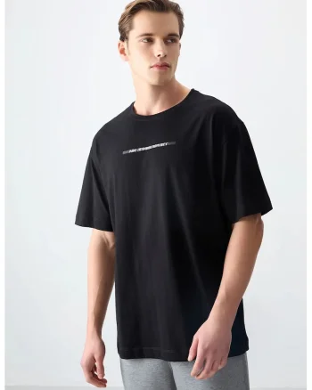 Tricou  oversized, imprimat pe spate, negru, bumbac