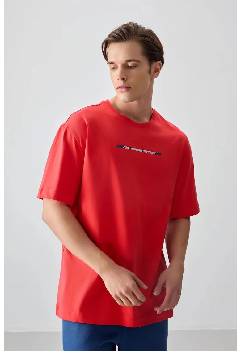 Tricou  barbati, oversized, rosu, bumbac, imprimat pe spate