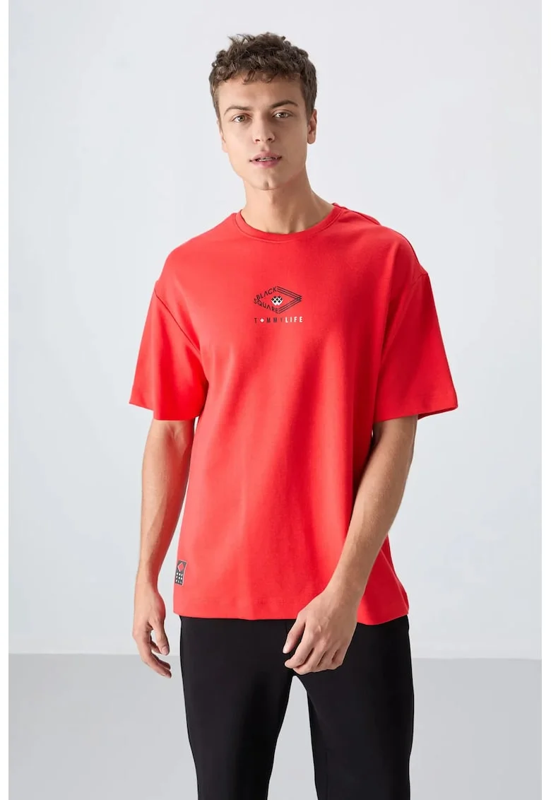 Tricou barbati,  oversized, rosu, bumbac cu poliester