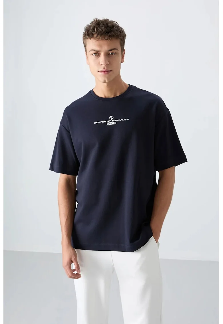 Tricou  oversized, imprimat pe spate, albastru marin, amestec de bumbac