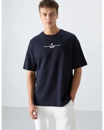 Tricou  oversized, imprimat pe spate, albastru marin, amestec de bumbac