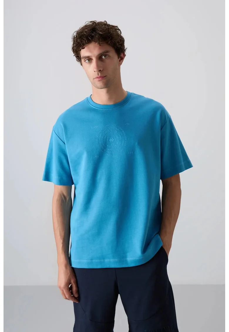 Tricou  supradimensionat, broderie, Albastru Cerulean, amestec de bumbac