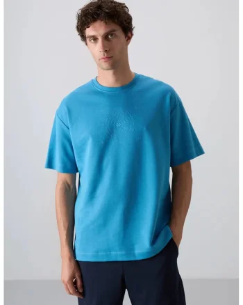 Tricou  supradimensionat, broderie, Albastru Cerulean, amestec de bumbac