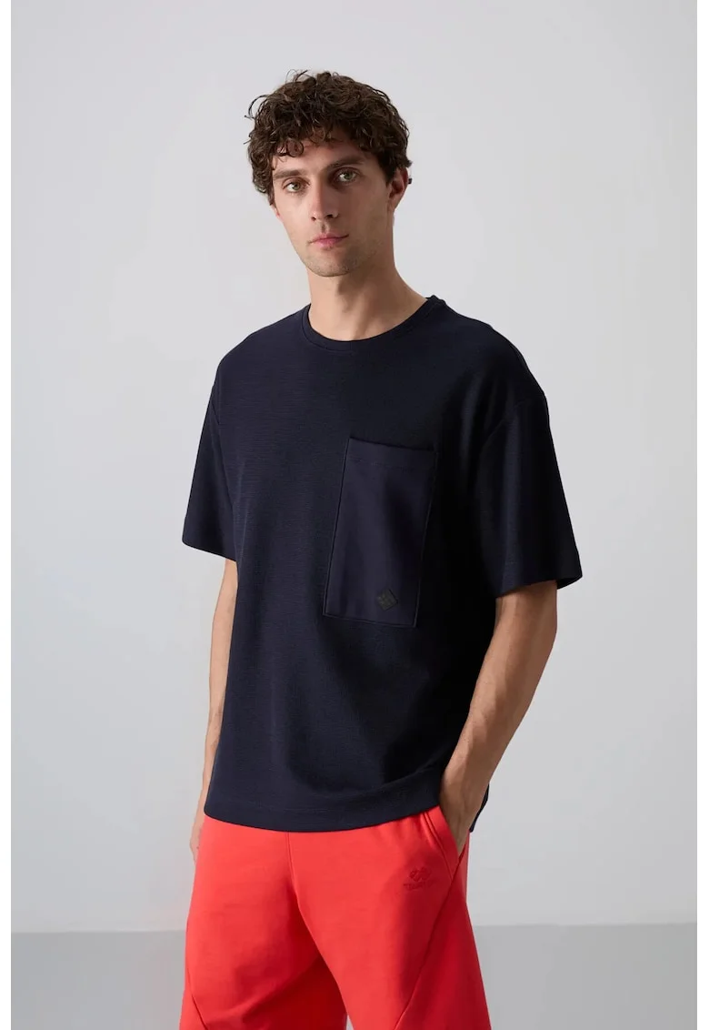 Tricou  supradimensionat, cu guler rotund, buzunar, Albastru Marin, amestec bumbac-poliester