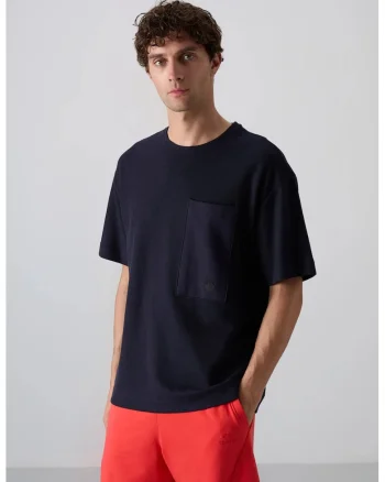 Tricou  supradimensionat, cu guler rotund, buzunar, Albastru Marin, amestec bumbac-poliester