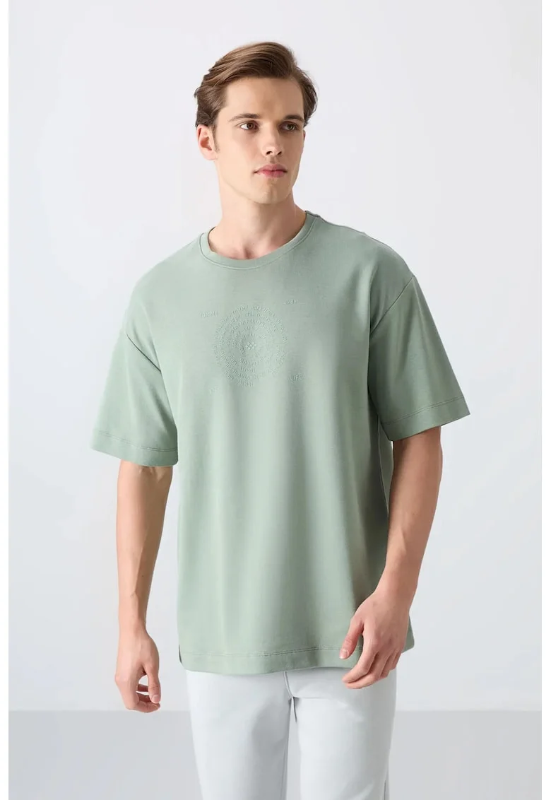 Tricou  oversized, broderie, verde salvie, amestec de bumbac