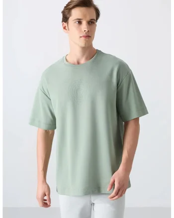 Tricou  oversized, broderie, verde salvie, amestec de bumbac