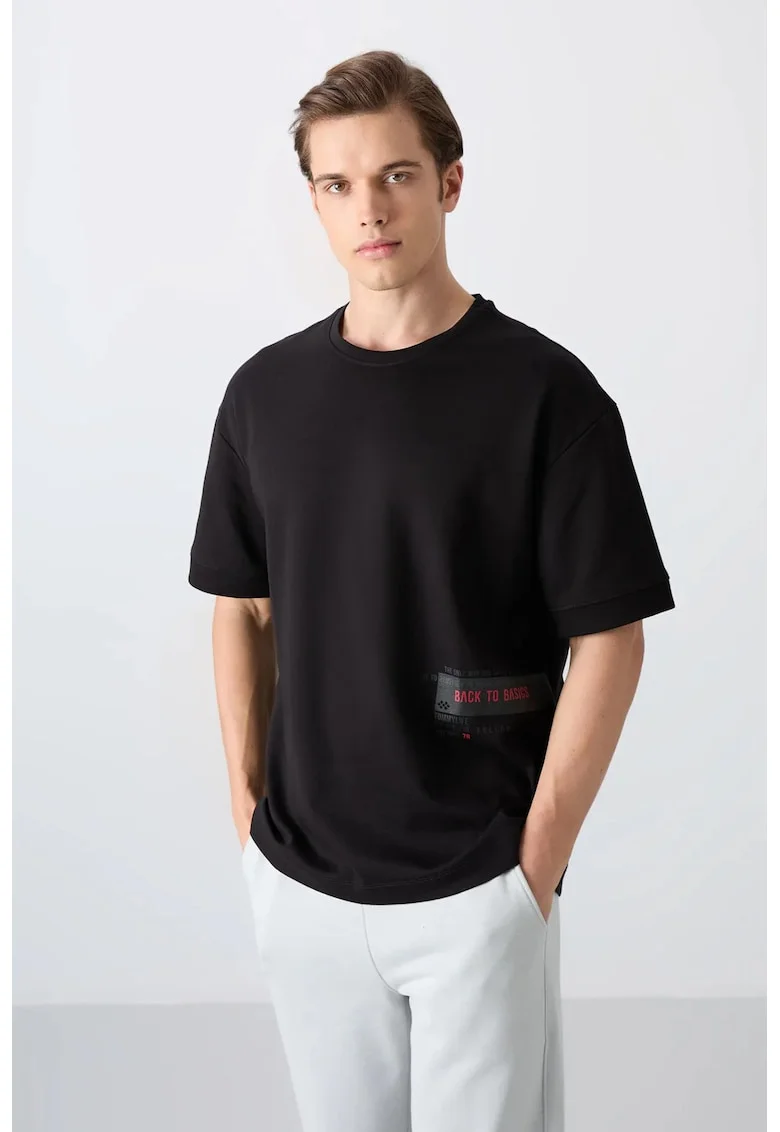 Tricou  supradimensionat, negru, bumbac-amestec, maneci scurte
