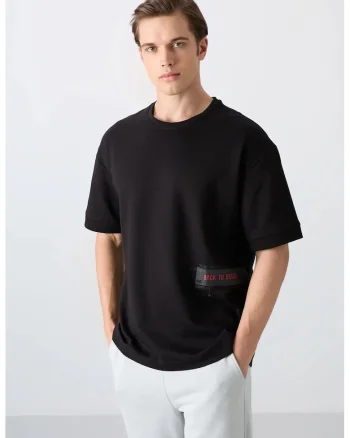 Tricou  supradimensionat, negru, bumbac-amestec, maneci scurte